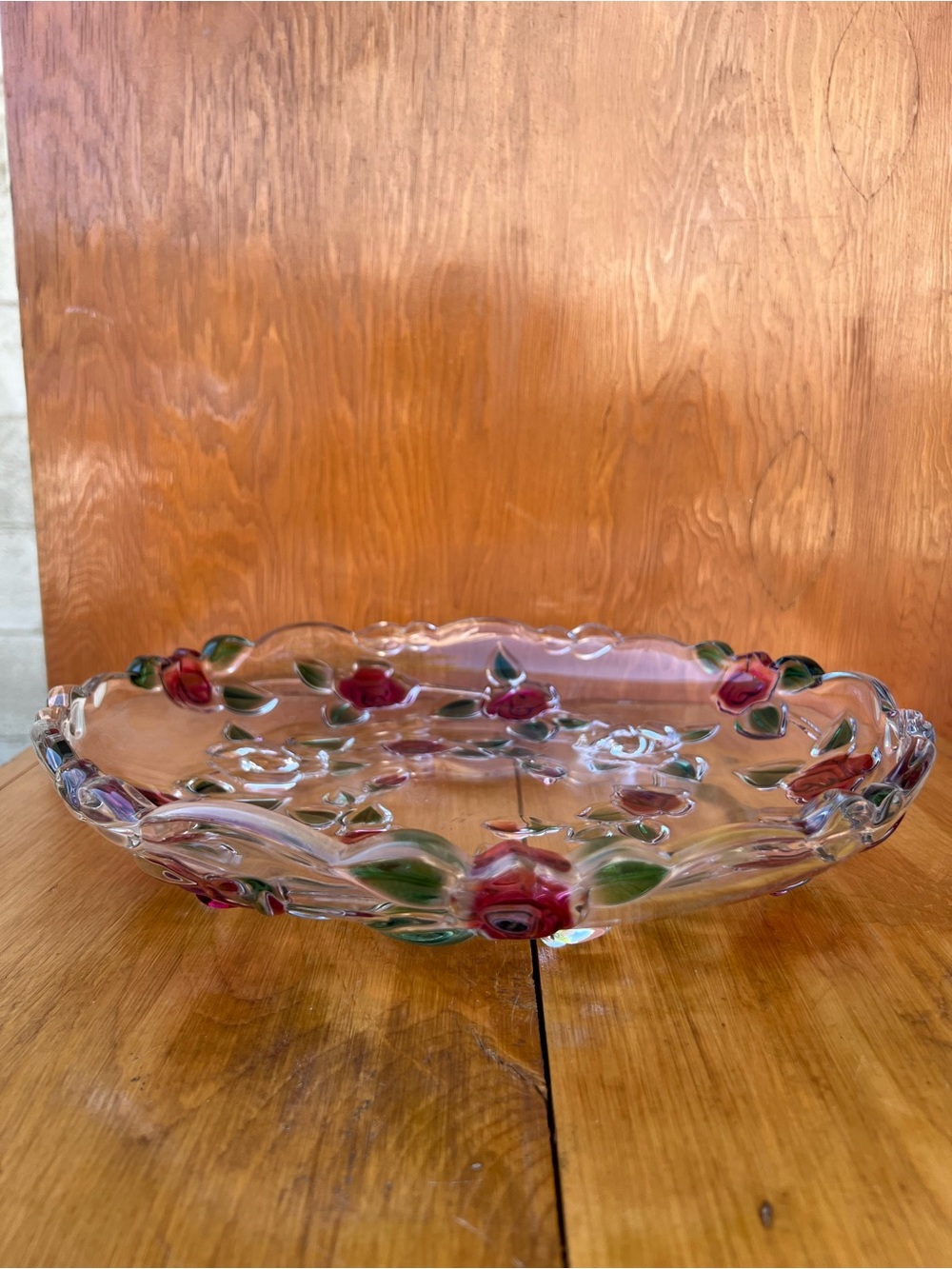 Handblown Glass Decorative Bowl with Pink Floral Accents
